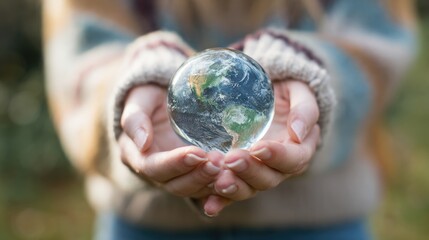 Woman's Hands Gently Holding a Glass Earth Globe Outdoors