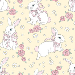 Cute Vintage Easter Bunny Girl with Ribbon Bow Surrounded by Daisies and Roses Whimsical Vector Seamless Pattern. Perfect for spring nursery decor, greeting cards, fabric prints, gift wrap, and