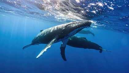 Fototapeta premium Two humpback whales swim underwater, sunbeams pierce the surface
