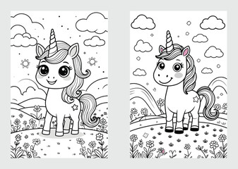 Children’s Book Cover Featuring Cute Unicorn in Black and White Nature Landscape

