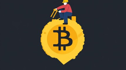A worker sits atop a large Bitcoin symbol, poised to excavate