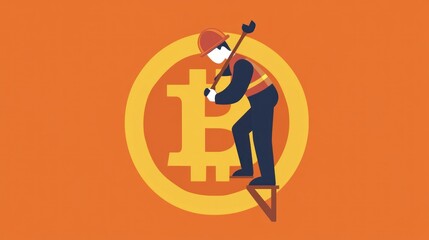 A worker positioned on a small platform,  striking a bitcoin symbol