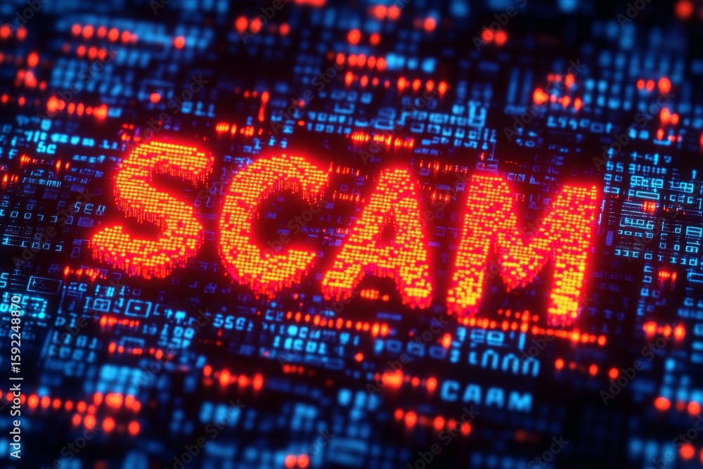 Poster glowing red scam alert warning on computer screen highlighting digital fraud risk and cybercrime thr