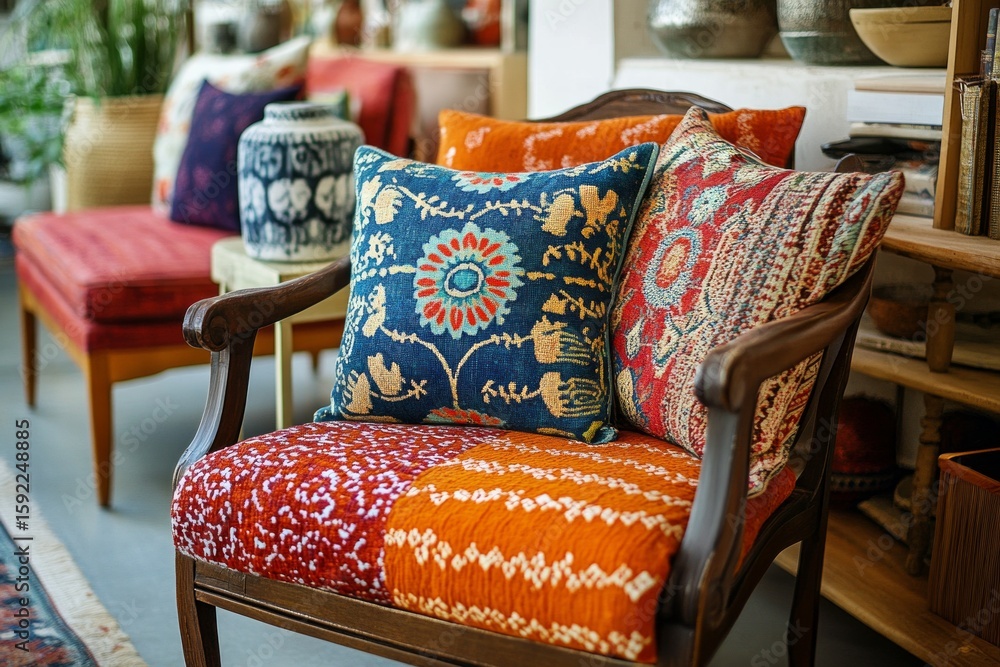 Poster vibrant patchwork cushions add a touch of bohemian charm to a comfortable armchair, creating a warm 