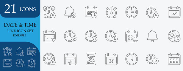 Editable line icons of clock, calendar, timer, alarm, deadline, schedule, reminder, date & time management for productivity and planning