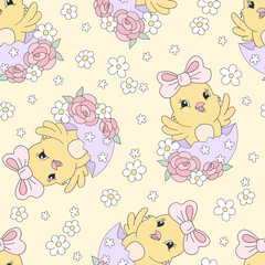 Cute Cartoon Easter Baby Chick with Pink Ribbon Bow Sitting in a Floral Half Eggshell in a Whimsical Coquette Vector Seamless Pattern. Perfect for spring nursery decor, greeting cards, fabric prints