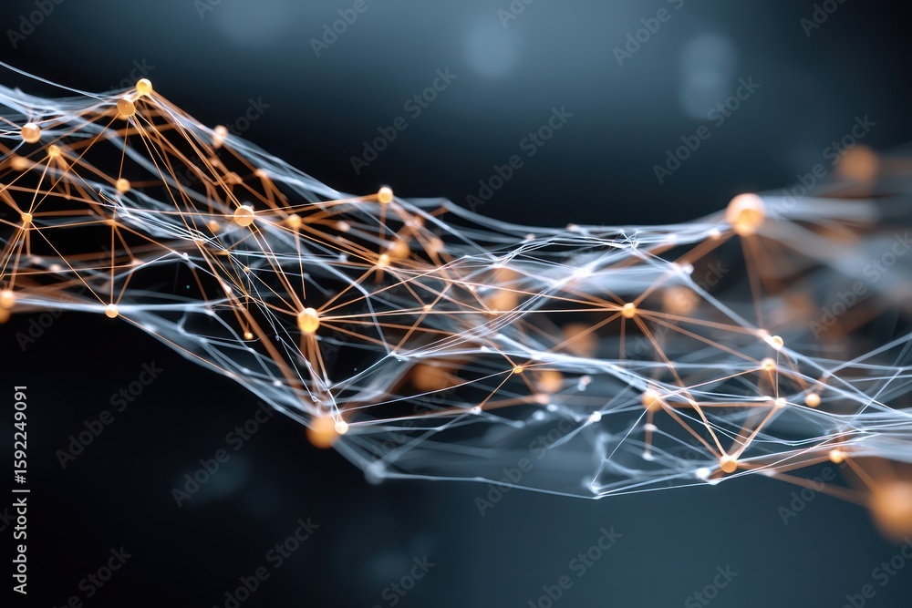 Poster a complex network of interconnected nodes and lines against a dark blue gradient background abstract