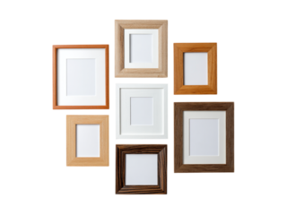 Assorted wooden and white photo frames arranged on black background picture display, Isolated, Transparent Png
