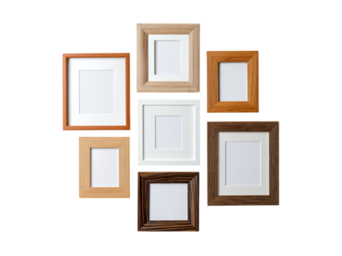 Assorted wooden and white photo frames arranged on black background picture display, Isolated, Transparent Png