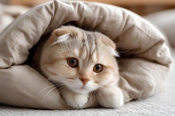 Scottish Fold Cat Resting in Soft Blanket