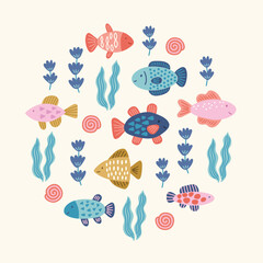 Ocean greeting card with fishes, shells, seaweeds on white background. Circle ornament. Perfect for seasonal holidays, summer decorations. Vector child illustration