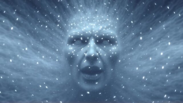 Mystical face emerging from swirling mist and stars. Ethereal being in cosmic scene. Spiritual concept of consciousness awakening. Surreal fantasy art for meditation video.