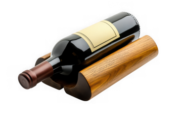 Red wine bottle in wooden holder still life photography, beverage alcohol drink, wine presentation, isolated on transparent background