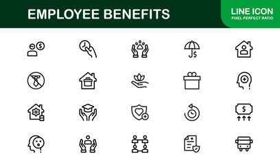 Employee Benefits Icon Set for HR, Insurance, Wellness, Payroll, and Corporate Use &ndash; Modern Vector Line Illustrations