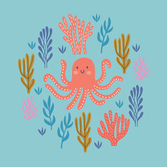 Ocean greeting card with octopus, corals and seaweeds on turquoise background. Circle ornament. Perfect for seasonal holidays, summer decorations. Vector child illustration