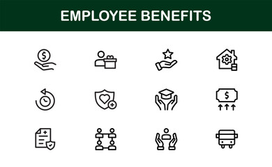 Employee Benefits Icon Set for HR, Insurance, Wellness, Payroll, and Corporate Use – Modern Vector Line Illustrations