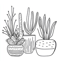 Hand-drawn cacti and succulents in pots