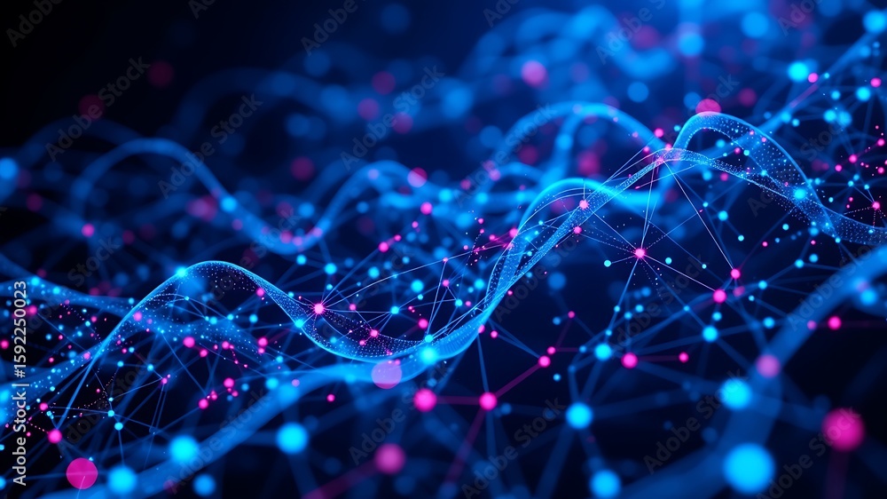 Poster photo of an abstract digital network with glowing blue and pink nodes and connecting lines