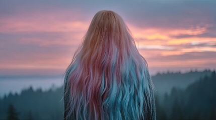 Woman with Long Pink and Blue Hair at Sunset Over Misty Mountains
