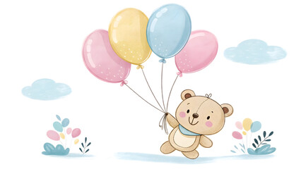 Teddy Bear Flying with Balloons in Pastel Colors Illustration