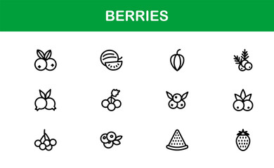 Berries Line Icon Set – Modern, minimal, and professional fruit illustrations featuring strawberries, blueberries, raspberries, and organic berry elements