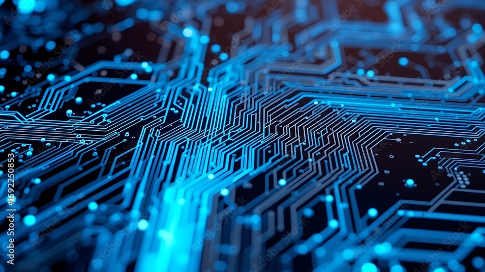 Poster photo of intricate blue circuit board with glowing lines and nodes, representing technology and data