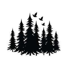 Fototapeta premium Birds Soaring Above Tall Pine Trees In Nature Line Art Vector illustration