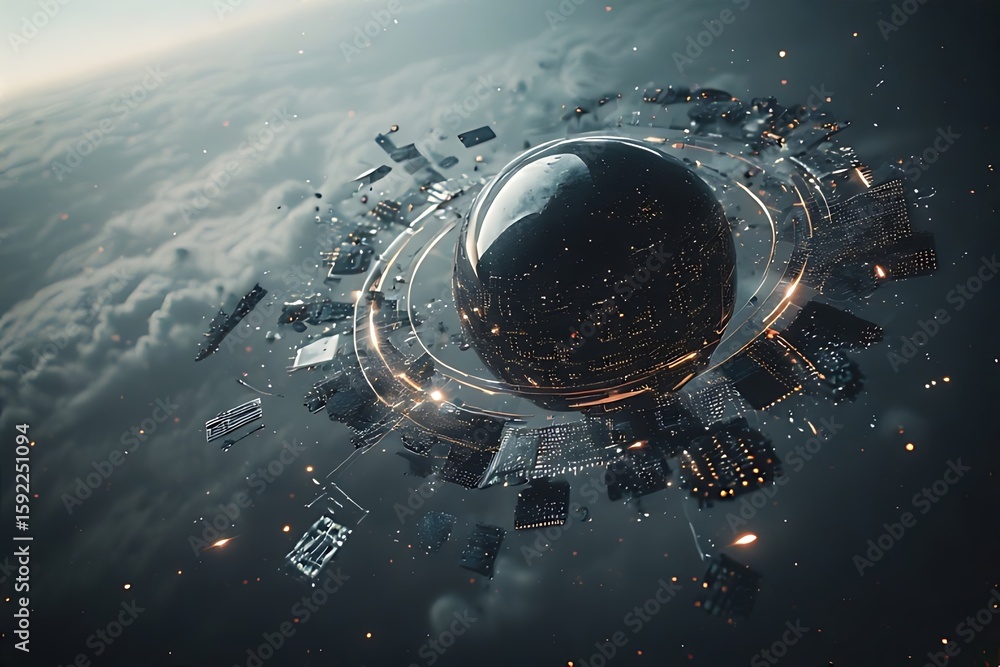 Poster a futuristic planet with orbiting structures floats amidst clouds and stars, symbolizing advanced te