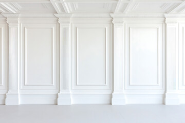Elegant room interior featuring classic architectural wall paneling, fluted pilasters, and a decorative ceiling. A minimalist, bright, and sophisticated space.