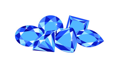 Heap of dark blue gemstones isolated on white background. Vector cartoon flat illustration of blue Sapphire crystals.