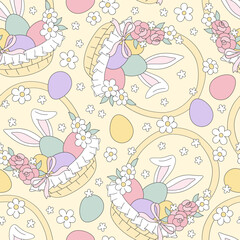 Whimsical Coquette Easter Vector Seamless Pattern with Floral Egg Basket, Bunny Ear Egg, Colorful Easter Eggs, and Daisies. Perfect for spring gift wrap, fabric designs, nursery decor, greeting cards