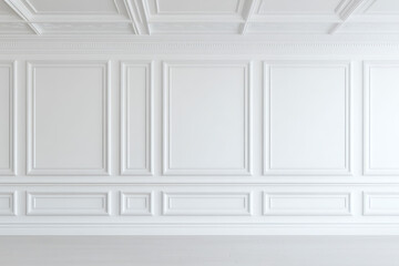 Elegant, white room featuring classic wall paneling and a detailed coffered ceiling, offering a refined and spacious atmosphere. Minimalist design.