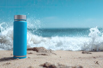 Blue water bottle on sandy beach (2)
