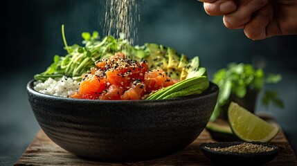 A Hand Sprinkling Sesame Seeds on a Poke Bowl with Salmon and Avocado