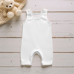 white baby dress in wooden setting, with fabric and teddy bear, top view.