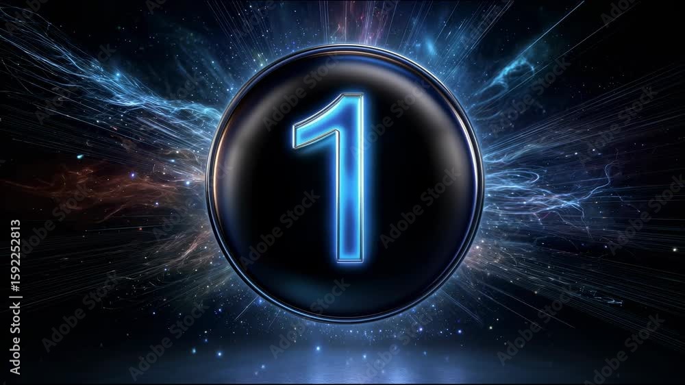 Poster the number '1' on a glossy black circle with blue backlighting, against a dynamic space background w