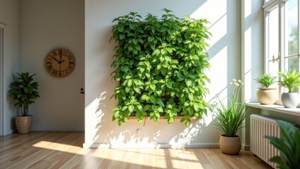 Vibrant vertical garden thriving on a wall bathed in natural sunlight, enhancing modern interior decor and promoting indoor greenery concept.