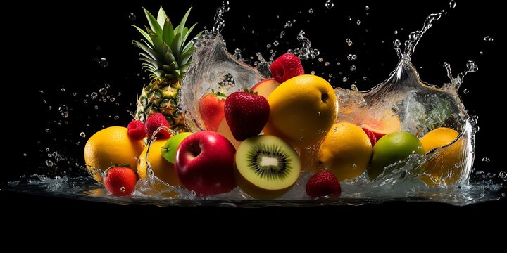 Fresh Fruits Splash Vibrant assortment of tropical fruits with splashing water for a refreshing summer vibe on dark background. - Powered by Adobe