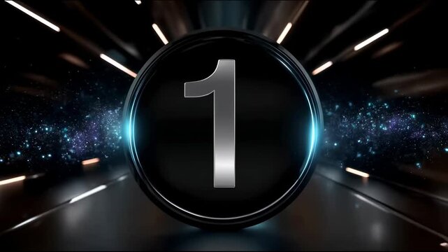 A countdown where the number 3 instead of 2 and 1 is displayed on a glossy black circle with blue backlighting, against a starry sky background with sparks and dynamic glowing lines