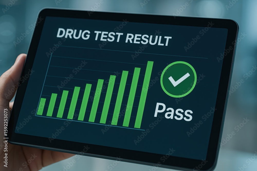 Poster drug test result on tablet screen with positive graph bar and confirmation checkmark symbol