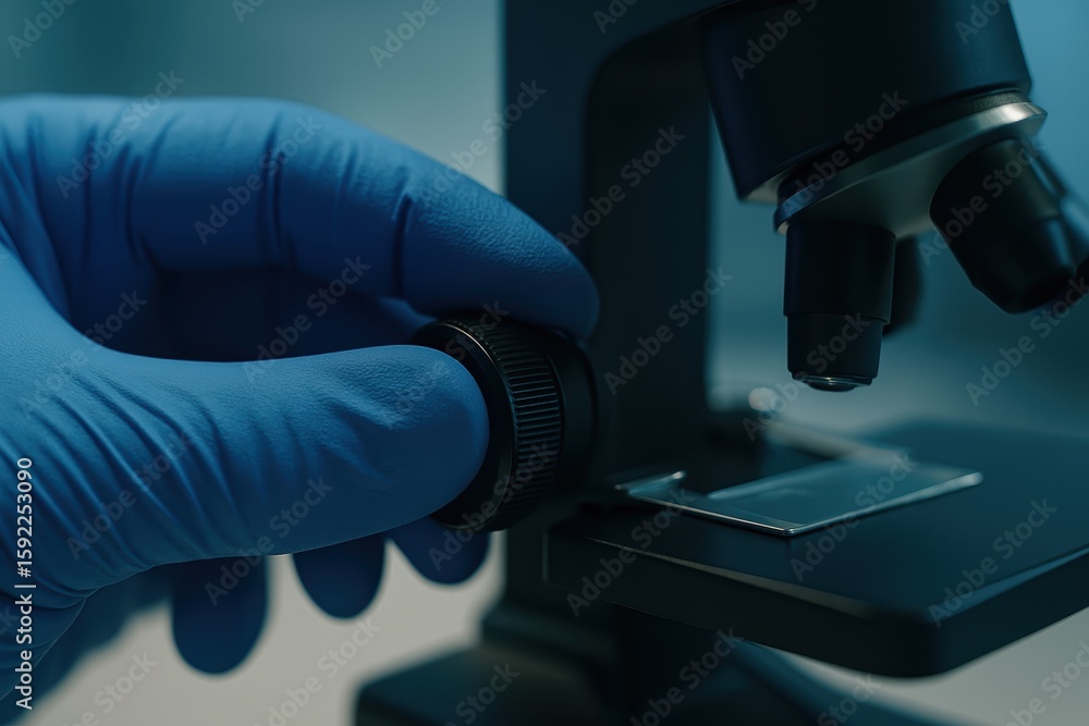 Poster close-up of hand adjusting microscope focusing mechanism in laboratory environment