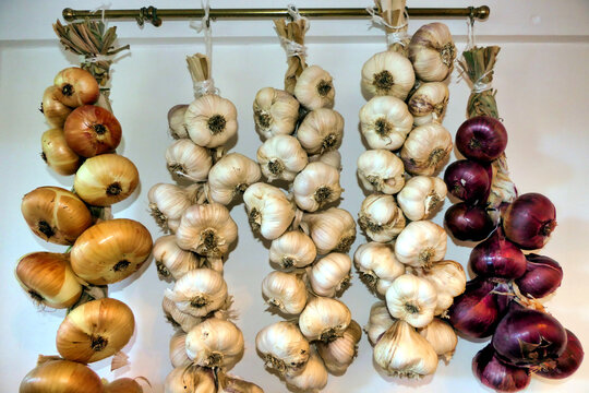Close up of a completed home grown garlic and onion (Red Baron and Stuttgarter) plaits hanging up in a kitchen

