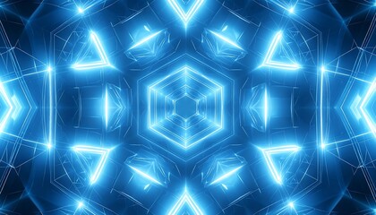 Abstract, symmetrical pattern of glowing, light-blue geometric shapes