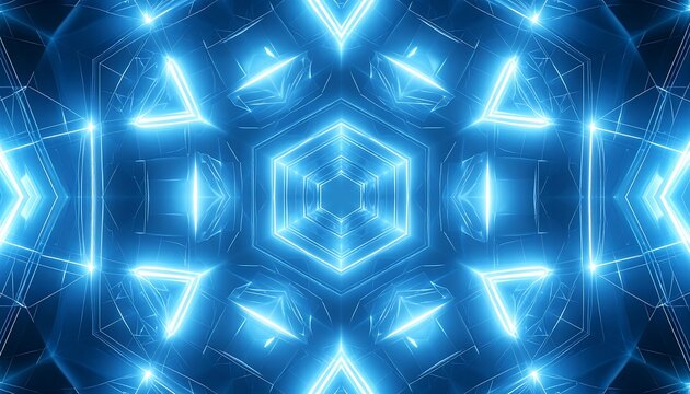 Abstract, symmetrical pattern of glowing, light-blue geometric shapes