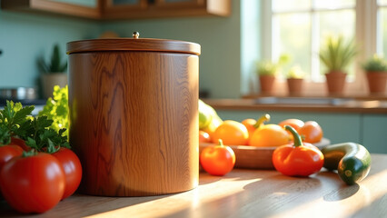 Modern wooden compost bin with organic kitchen waste  surrounded by fresh colorful vegetables on a sunlit kitchen countertop, promoting sustainable living.