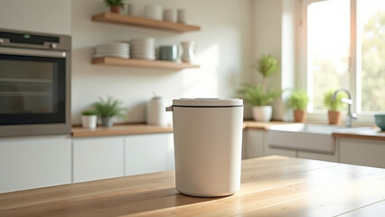 Modern compost bin with organic kitchen waste on a bright countertop in an organized kitchen, promoting sustainability and eco-friendly living.