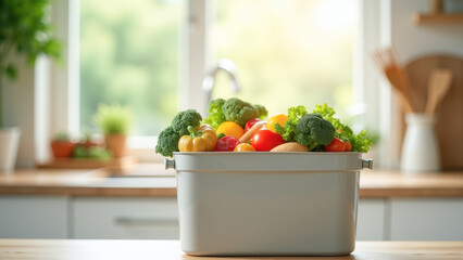 Elegant compost bin filled with vibrant vegetables on a bright kitchen countertop, eco-friendly lifestyle concept.