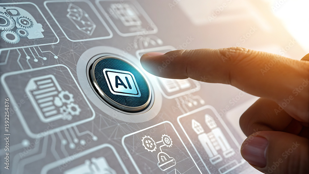 Poster a finger touches an ai button on a digital screen, representing artificial intelligence technology a