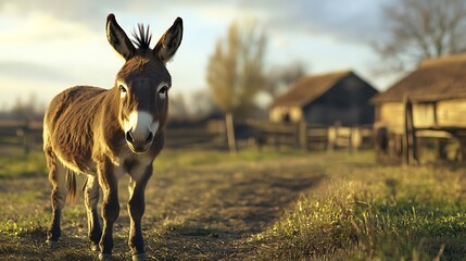 Donkey exploring traditional countryside farm area alone high resolution picture