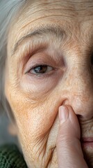 Close-up of an elderly woman's face and gestures.